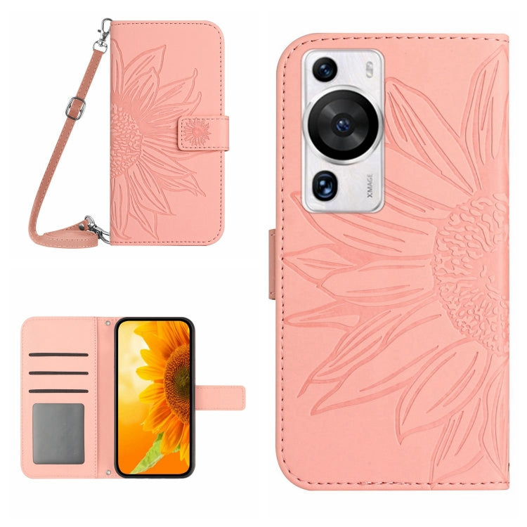 For Huawei P60 Pro Skin Feel Sun Flower Embossed Flip Leather Phone Case with Lanyard(Pink) - Huawei Cases by buy2fix | Online Shopping UK | buy2fix