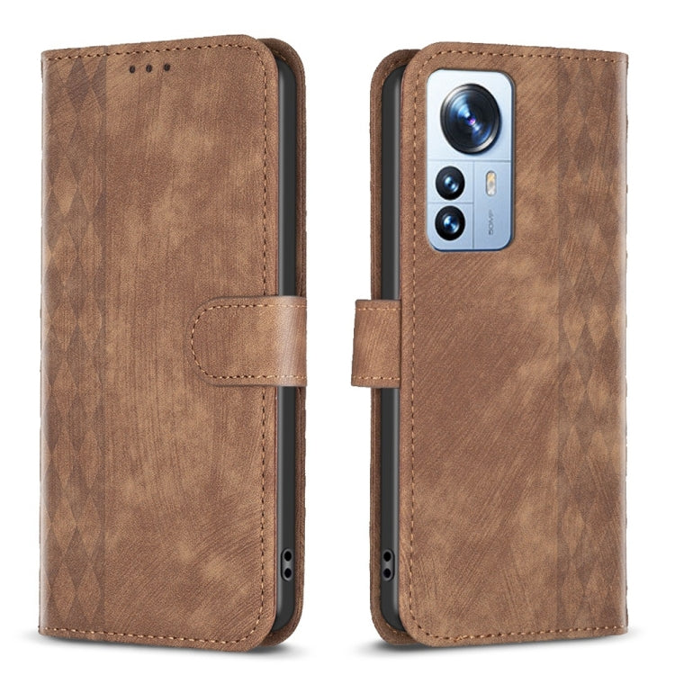 For Xiaomi 12 Pro Plaid Embossed Leather Phone Case(Brown) - 12 Pro Cases by buy2fix | Online Shopping UK | buy2fix