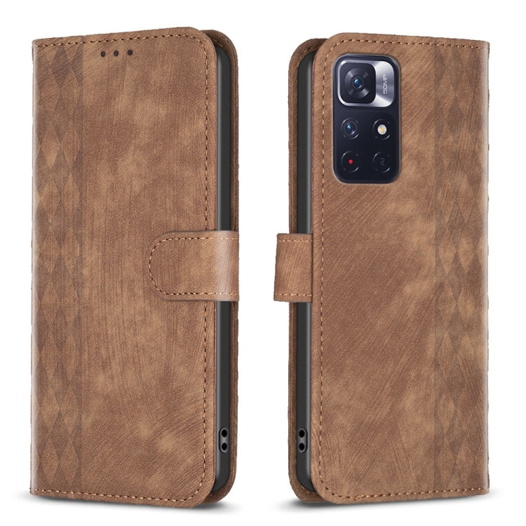For Xiaomi Redmi Note 11 Plaid Embossed Leather Phone Case(Brown) - Redmi Note 11 Case by buy2fix | Online Shopping UK | buy2fix