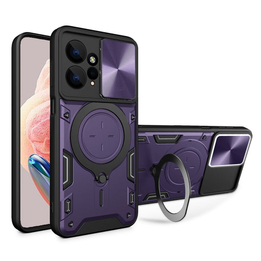 For Xiaomi Redmi Note 12 4G CD Texture Sliding Camshield Magnetic Holder Phone Case(Purple) - Xiaomi Cases by buy2fix | Online Shopping UK | buy2fix