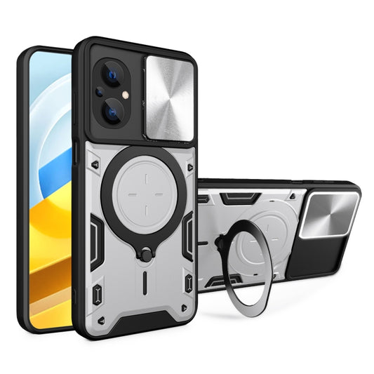 For Xiaomi Poco M5 5G CD Texture Sliding Camshield Magnetic Holder Phone Case(Silver) - Poco M5 Cases by buy2fix | Online Shopping UK | buy2fix