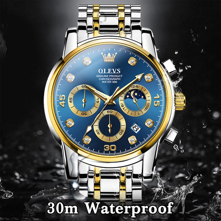 OLEVS 2889 Men Multifunctional Luminous Waterproof Quartz Watch(Blue + Gold) - Metal Strap Watches by OLEVS | Online Shopping UK | buy2fix