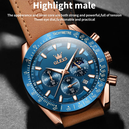 OLEVS 9957 Men Luminous Waterproof Leather Strap Quartz Watch(Black + Rose Gold) - Leather Strap Watches by OLEVS | Online Shopping UK | buy2fix