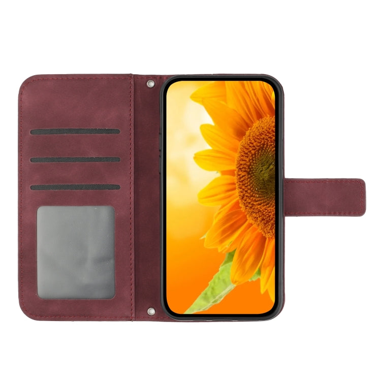 For iPhone 15 Plus Skin Feel Sun Flower Embossed Flip Leather Phone Case with Lanyard(Wine Red) - iPhone 15 Plus Cases by buy2fix | Online Shopping UK | buy2fix
