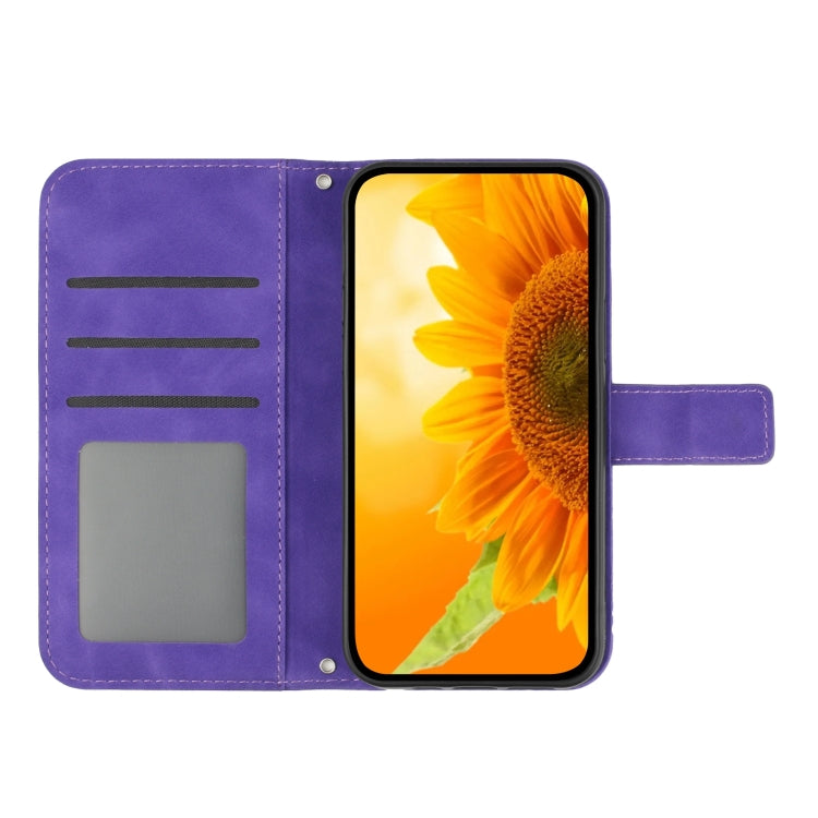 For iPhone 15 Pro Max Skin Feel Sun Flower Embossed Flip Leather Phone Case with Lanyard(Dark Purple) - iPhone 15 Pro Max Cases by buy2fix | Online Shopping UK | buy2fix