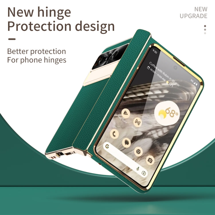 For Google Pixel Fold Litchi Pattern Electroplating Folding Phone Case with Hinge(Green) - Google Cases by buy2fix | Online Shopping UK | buy2fix