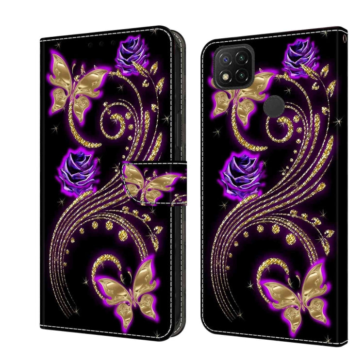 For Xiaomi Redmi 9C Crystal 3D Shockproof Protective Leather Phone Case(Purple Flower Butterfly) - Xiaomi Cases by buy2fix | Online Shopping UK | buy2fix