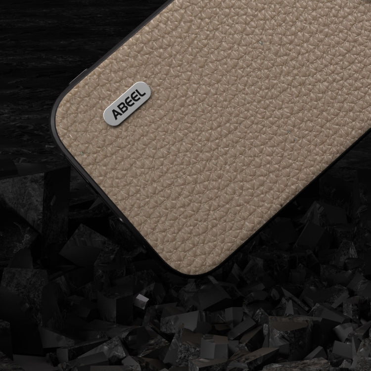 For iPhone 15 ABEEL Genuine Leather Litchi Texture Phone Case(Grey) - iPhone 15 Cases by buy2fix | Online Shopping UK | buy2fix