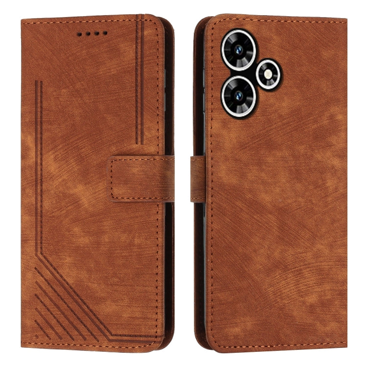 For Infinix Hot 30 Skin Feel Stripe Pattern Leather Phone Case with Lanyard(Brown) - Infinix Cases by buy2fix | Online Shopping UK | buy2fix