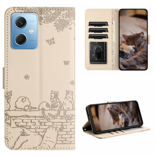 For Xiaomi Redmi Note 12 5G India / POCO X5 Cat Embossing Pattern Leather Phone Case with Lanyard(Beige) - Note 12 Cases by buy2fix | Online Shopping UK | buy2fix