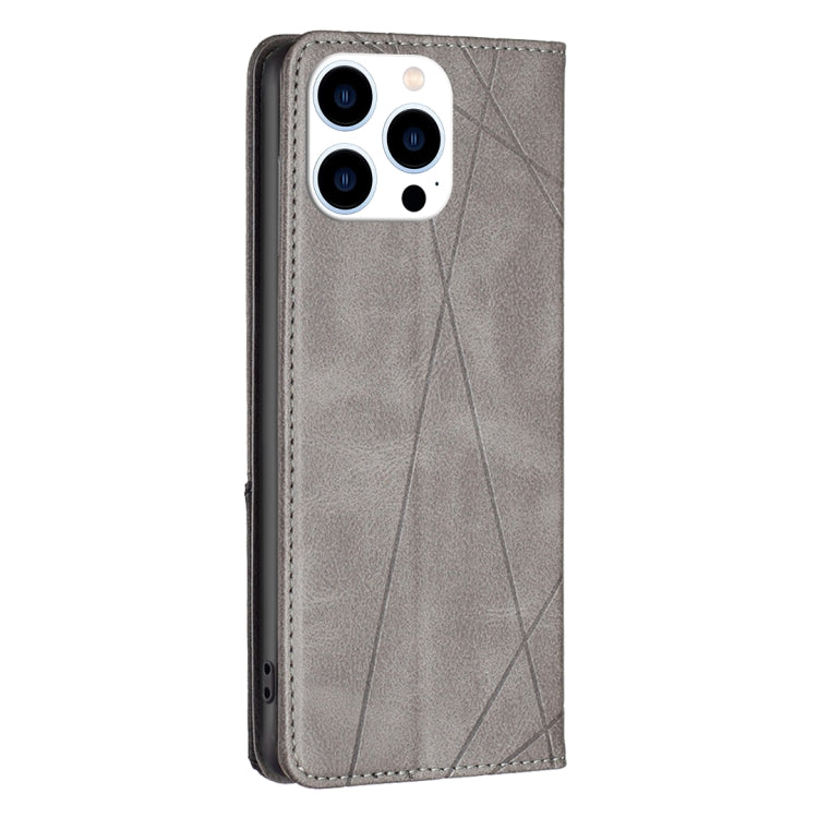 For iPhone 15 Pro Rhombus Texture Magnetic Leather Phone Case(Grey) - iPhone 15 Pro Cases by buy2fix | Online Shopping UK | buy2fix