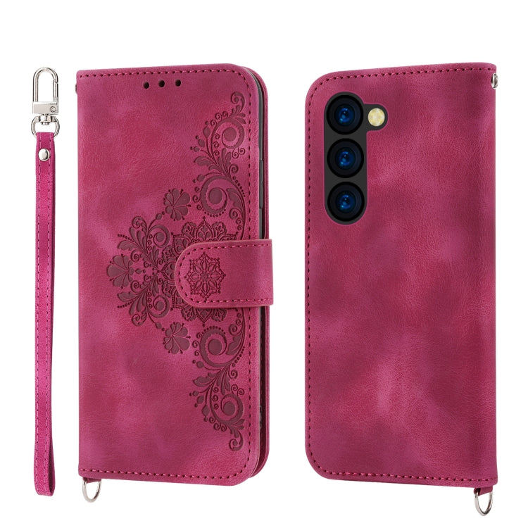 For Samsung Galaxy Z Fold5 Skin Feel Flowers Embossed Wallet Leather Phone Case(Wine Red) - Galaxy Z Fold5 Cases by buy2fix | Online Shopping UK | buy2fix