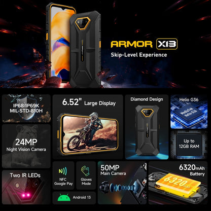 Ulefone Armor X13, 6GB+64GB, IP68/IP69K Rugged Phone, 6.52 inch Android 13 MediaTek Helio G36 Octa Core, Network: 4G, NFC, OTG(All Black) - Ulefone by Ulefone | Online Shopping UK | buy2fix