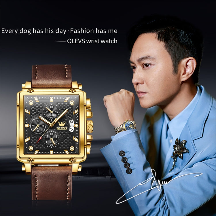 OLEVS 9925 Men Square Dial Multifunctional Waterproof Quartz Watch(Black + Gold) - Leather Strap Watches by OLEVS | Online Shopping UK | buy2fix