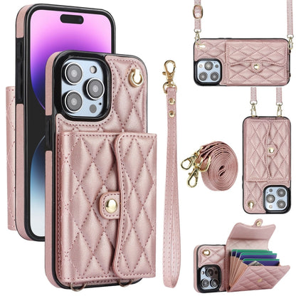 For iPhone 15 Pro Max Crossbody Rhombic Horizontal Wallet Leather Phone Case(Rose Gold) - iPhone 15 Pro Max Cases by buy2fix | Online Shopping UK | buy2fix