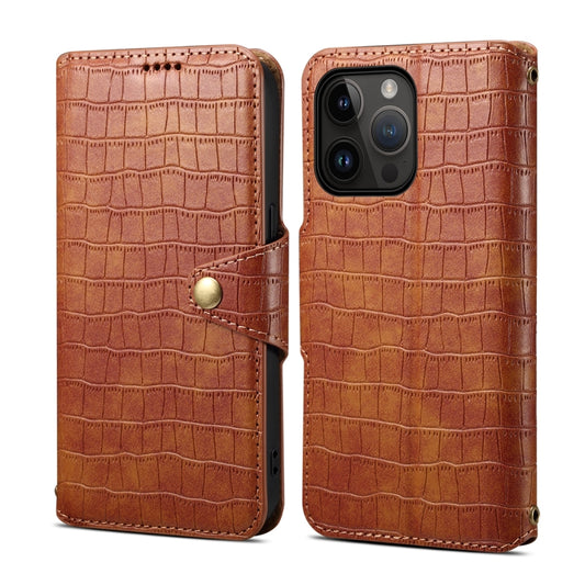 For iPhone 15 Pro Max Denior Crocodile Texture Oil Edge Leather Phone Case(Brown) - iPhone 15 Pro Max Cases by Denior | Online Shopping UK | buy2fix