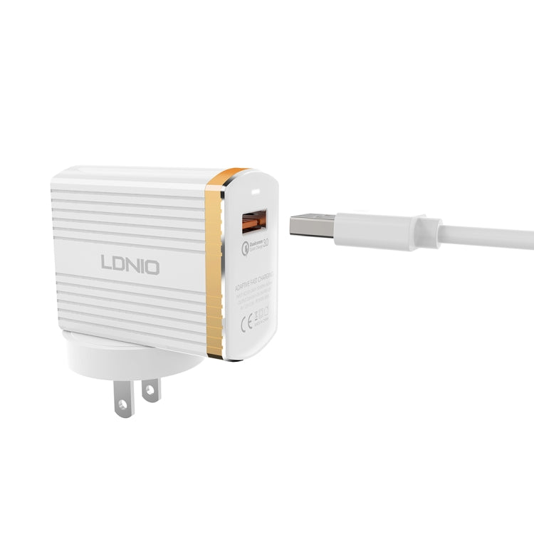 LDNIO A1302Q 2 in 1 18W QC3.0 USB Interface Grid Shape Travel Charger Mobile Phone Charger with 8 Pin Data Cable, US Plug - Mobile Accessories by LDNIO | Online Shopping UK | buy2fix