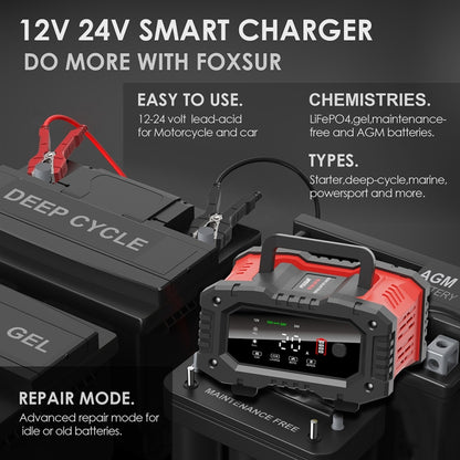 FOXSUR 12V / 24V 20A 300W Portable Motorcycle Car Smart Battery Charger(US Plug) - Battery Charger by FOXSUR | Online Shopping UK | buy2fix