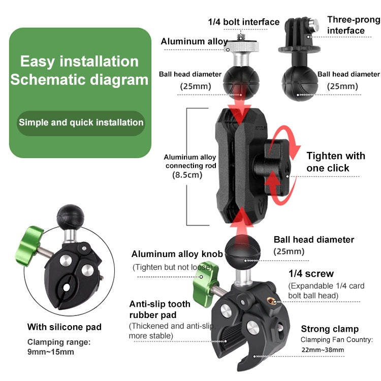 RUIGPRO Crab Clamp Action Camera Bracket 1/4 Ball Head Dual-Head Crab with Selfie Stick - Holder by RUIGPRO | Online Shopping UK | buy2fix