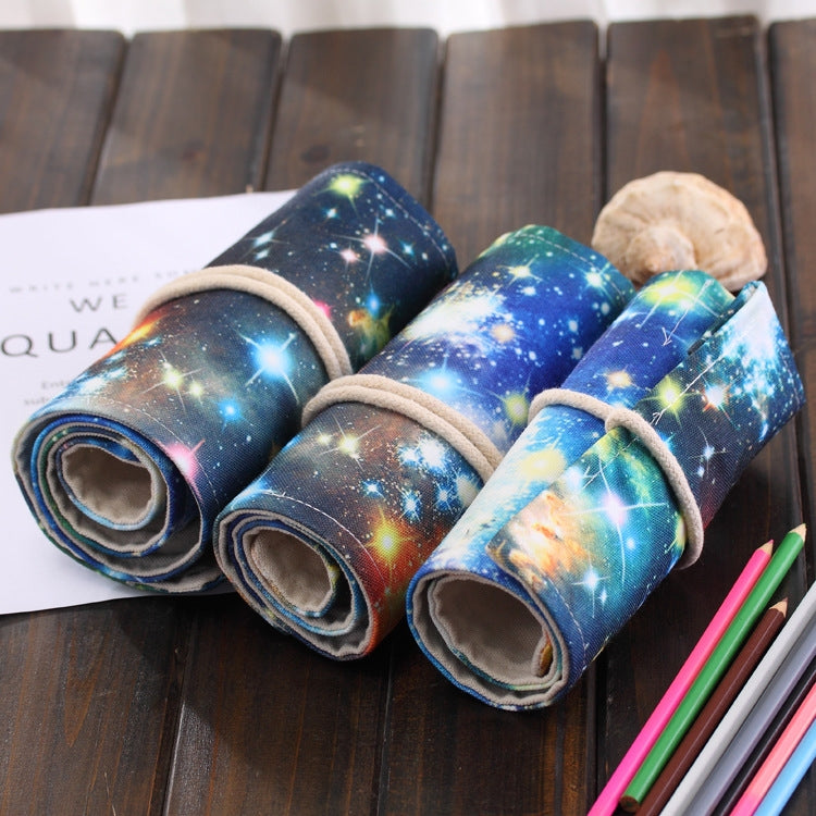 48 Slots Cosmic Galaxy Print Pen Bag Canvas Pencil Wrap Curtain Roll Up Pencil Case Stationery Pouch - Home & Garden by buy2fix | Online Shopping UK | buy2fix