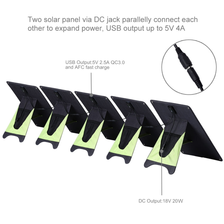 HAWEEL 5 PCS 20W Monocrystalline Silicon Solar Power Panel Charger, with USB Port & Holder & Tiger Clip, Support QC3.0 and AFC(Black) - Charger by HAWEEL | Online Shopping UK | buy2fix