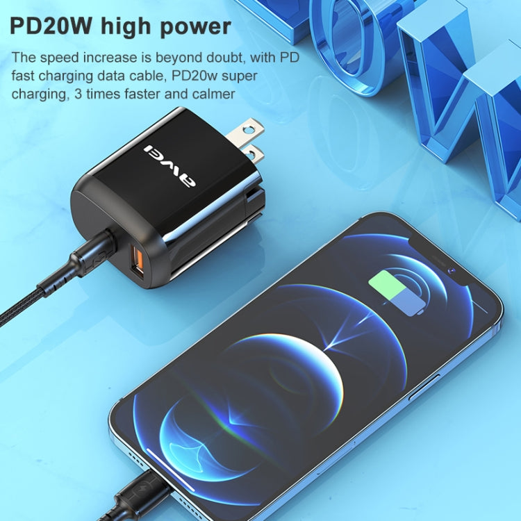 awei PD3 20W PD Type-C + QC 3.0 USB Interface Fast Charging Travel Charger with Data Cable, US Plug - USB Charger by awei | Online Shopping UK | buy2fix