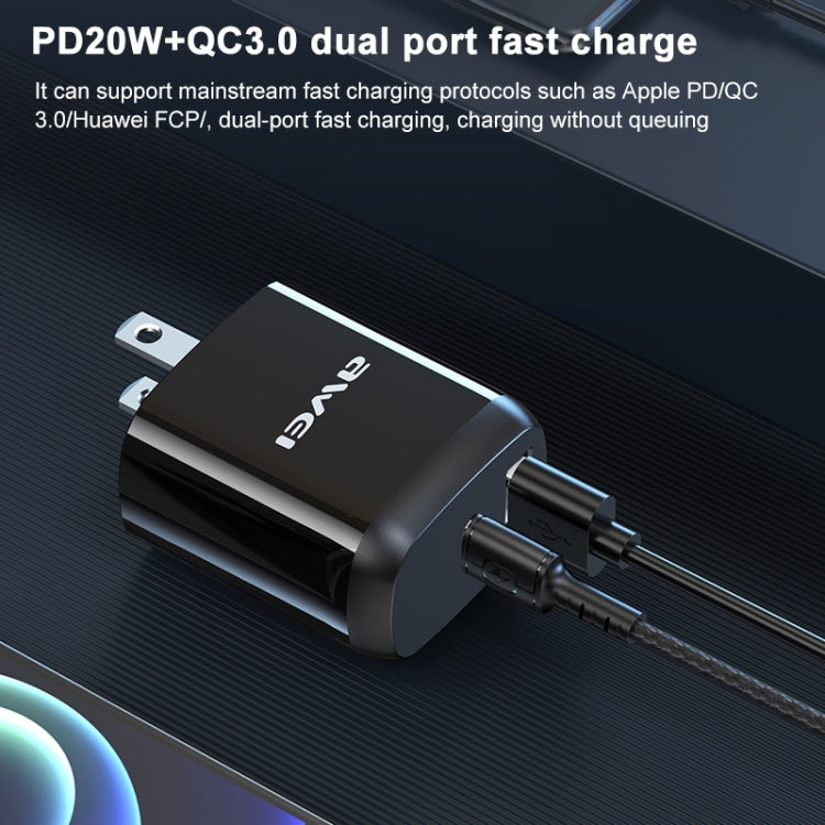 awei PD3 20W PD Type-C + QC 3.0 USB Interface Fast Charging Travel Charger with Data Cable, US Plug - USB Charger by awei | Online Shopping UK | buy2fix