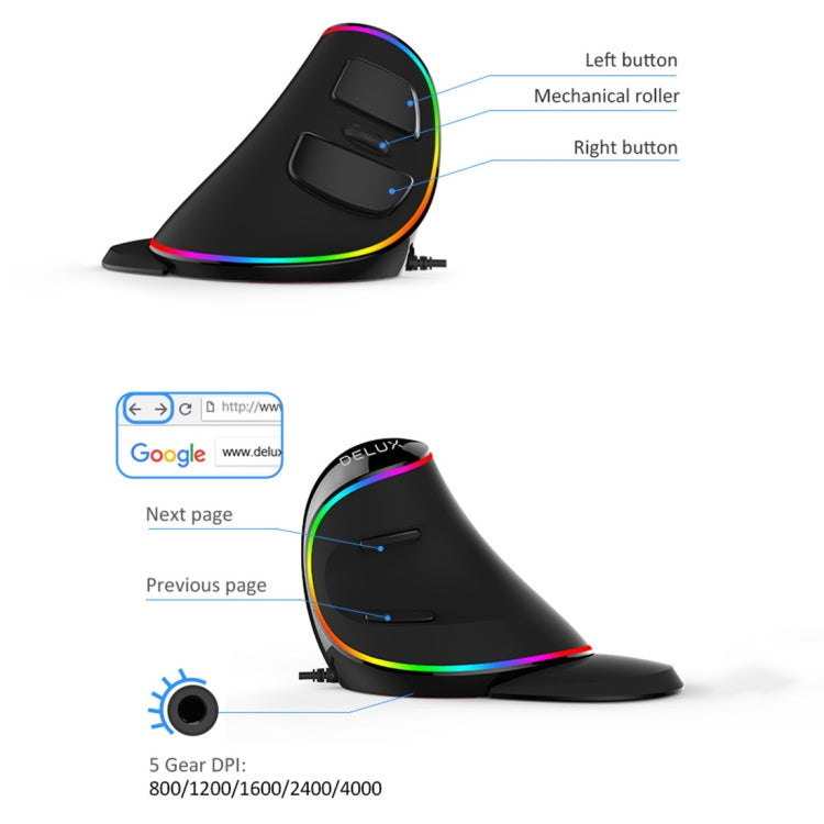 DELUX M618 Plus RGB Wired Optical Mouse Ergonomic Vertical Mouse 4000DPI - Wired Mice by DELUX | Online Shopping UK | buy2fix