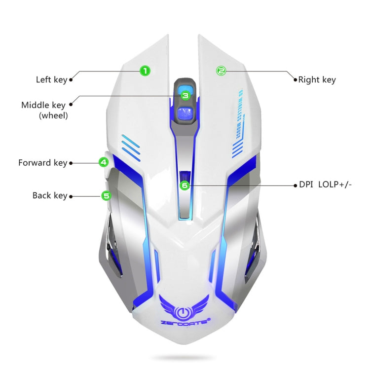 ZERODATE X70 2.4GHz Wireless 6-Keys 2400 DPI Adjustable Ergonomics Optical Gaming Mouse with Breathing Light(White) - Wireless Mice by ZERODATE | Online Shopping UK | buy2fix