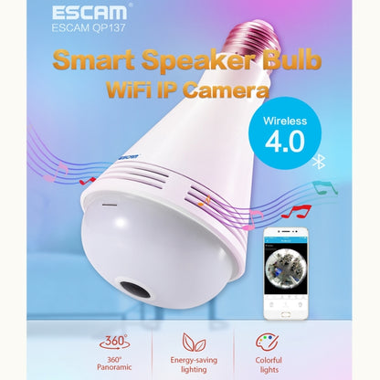 ESCAM QP137 2MP HD 1080P 360 Degree Panoramic Bluetooth Speaker Bulb IP Camera, E27, WiFi, Motion Detection,(White) - Light Bulb Camera by ESCAM | Online Shopping UK | buy2fix