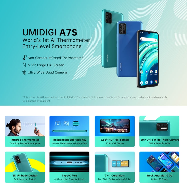 [HK Warehouse] UMIDIGI A7S, 2GB+32GB, Infrared Thermometer, Triple Back Cameras, 4150mAh Battery, Face Identification, 6.53 inch Android 10 MTK6737 Quad Core up to 1.25GHz, Network: 4G, OTG(Sky Blue) - UMIDIGI by UMIDIGI | Online Shopping UK | buy2fix