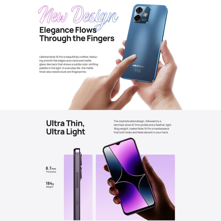 Ulefone Note 16 Pro, 8GB+256GB, Dual Back Cameras, Face ID & Side Fingerprint Identification, 4400mAh Battery, 6.52 inch Android 13 Unisoc T606 Octa Core up to 1.6GHz, Network: 4G, Dual SIM, OTG (Blue) - Ulefone by Ulefone | Online Shopping UK | buy2fix