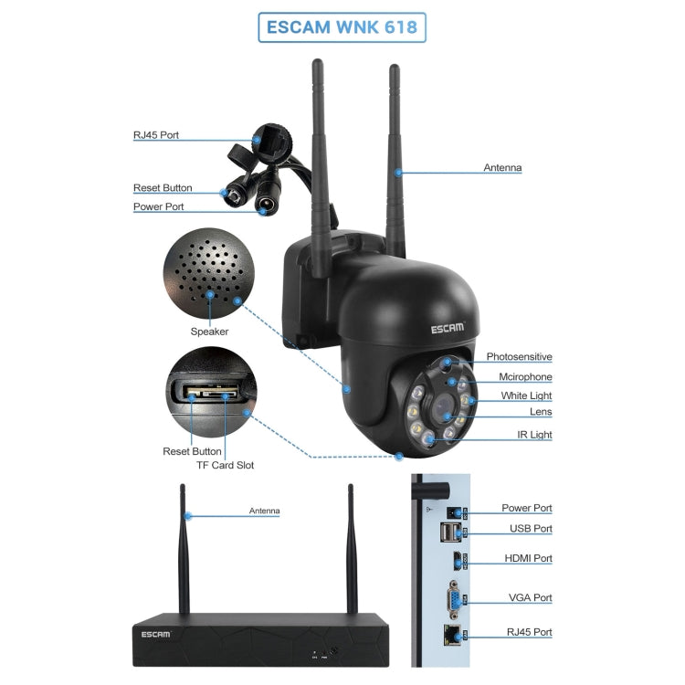 ESCAM WNK618 3.0 Million Pixels 8-channel Wireless Dome Camera HD NVR Security System, Support Motion Detection & Two-way Audio & Full-color Night Vision & TF Card, AU Plug - Security by ESCAM | Online Shopping UK | buy2fix