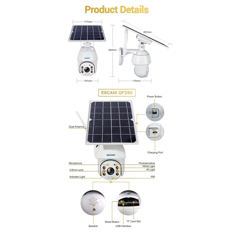 ESCAM QF280 HD 1080P IP66 Waterproof WiFi Solar Panel PT IP Camera with Battery, Support Night Vision / Motion Detection / TF Card / Two Way Audio (White) - Security by ESCAM | Online Shopping UK | buy2fix