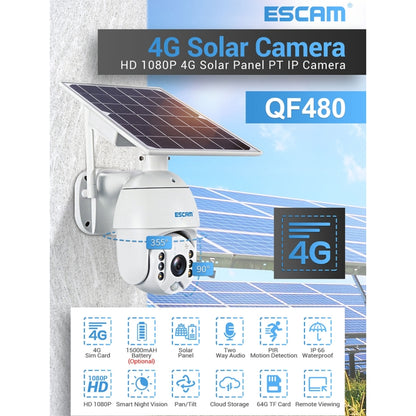 ESCAM QF480 EU Version HD 1080P IP66 Waterproof 4G Solar Panel PT IP Camera without Battery, Support Night Vision / Motion Detection / TF Card / Two Way Audio (White) - Security by ESCAM | Online Shopping UK | buy2fix