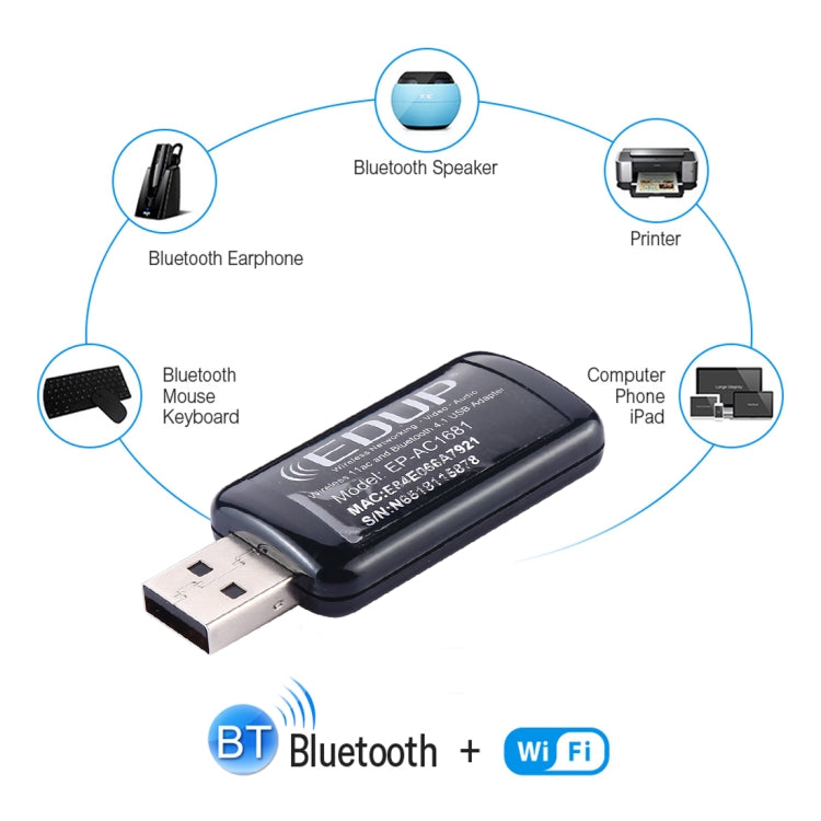 EDUP EP-AC1681 2 in 1 AC1200Mbps 2.4GHz & 5.8GHz Dual Band USB WiFi Adapter External Network Card with Bluetooth 4.1 Function - USB Network Adapter by EDUP | Online Shopping UK | buy2fix