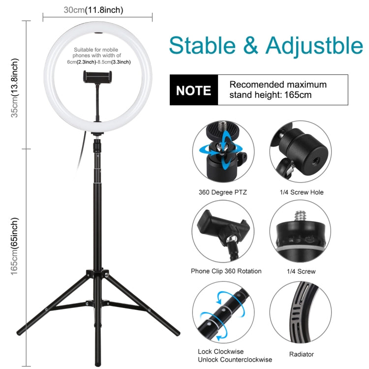 PULUZ 11.8 inch 30cm Light + 1.65m Tripod Mount Curved Surface USB 3 Modes Dimmable Dual Color Temperature LED Ring Vlogging Video Light Live Broadcast Kits with Phone Clamp(Black) - Ring Light by PULUZ | Online Shopping UK | buy2fix