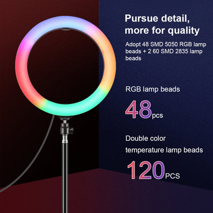 PULUZ 10.2 inch 26cm Marquee LED RGBWW Selfie Beauty Light  + 1.1m Tripod Mount 168 LED Dual-color Temperature Dimmable Ring Vlogging Photography Video Lights with Cold Shoe Tripod Ball Head & Remote Control & Phone Clamp(Black) - Consumer Electronics by PULUZ | Online Shopping UK | buy2fix