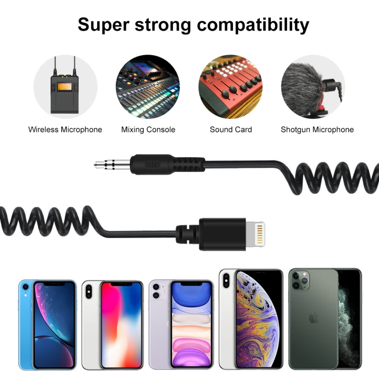 PULUZ 3.5mm TRRS Male to 8 Pin Male Live Microphone Audio Adapter Spring Coiled Cable for iPhone, Cable Stretching to 100cm(Black) - Microphone Audio Cable & Connector by PULUZ | Online Shopping UK | buy2fix