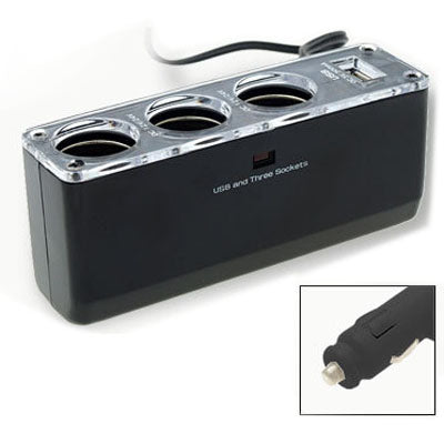 3 Triple Socket 12V/24V Car Cigarette Lighter USB Power(Black) - In Car by buy2fix | Online Shopping UK | buy2fix