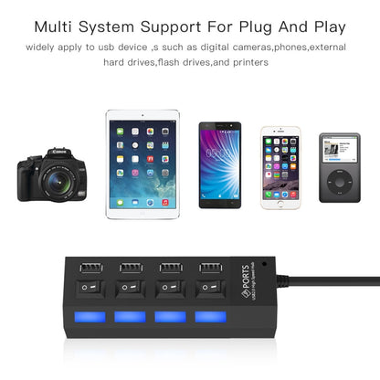 4 Ports USB Hub 2.0 USB Splitter High Speed 480Mbps with ON/OFF Switch, 4 LED(Black) - USB 2.0 HUB by buy2fix | Online Shopping UK | buy2fix