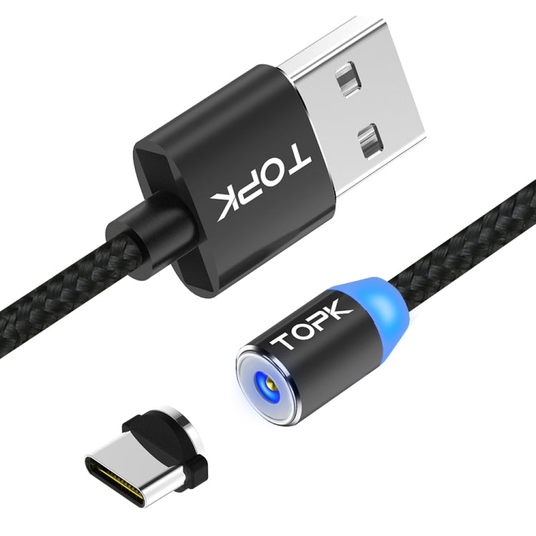 TOPK 2m 2.4A Max USB to USB-C / Type-C Nylon Braided Magnetic Charging Cable with LED Indicator(Black) - Mobile Accessories by TOPK | Online Shopping UK | buy2fix