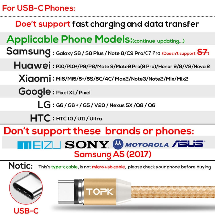 TOPK 2m 2.4A Max USB to USB-C / Type-C Nylon Braided Magnetic Charging Cable with LED Indicator(Gold) - Mobile Accessories by TOPK | Online Shopping UK | buy2fix
