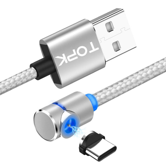 TOPK 2m 2.4A Max USB to USB-C / Type-C 90 Degree Elbow Magnetic Charging Cable with LED Indicator(Silver) - Mobile Accessories by TOPK | Online Shopping UK | buy2fix