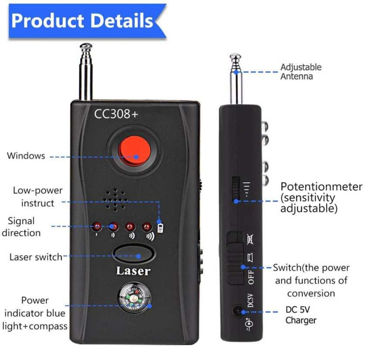 CC308 Full Range Camera Laser  Detector  Mini Wireless Camera Signal GSM Device Finder - Security by buy2fix | Online Shopping UK | buy2fix