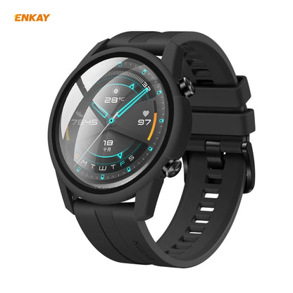 For Huawei Watch GT 2 46mm ENKAY Hat-Prince ENK-AC8202 Full Coverage PC Frosted Case + 9H Tempered Glass Protector(Black) - Watch Cases by ENKAY | Online Shopping UK | buy2fix