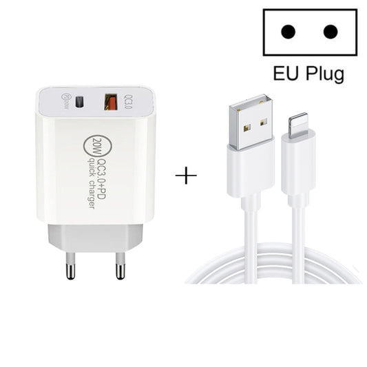 20W PD Type-C + QC 3.0 USB Interface Fast Charging Travel Charger with USB to 8 Pin Fast Charge Data Cable EU Plug - Apple Accessories by buy2fix | Online Shopping UK | buy2fix