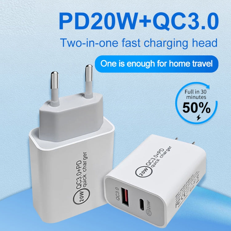 20W PD Type-C + QC 3.0 USB Interface Fast Charging Travel Charger with USB to 8 Pin Fast Charge Data Cable EU Plug - Apple Accessories by buy2fix | Online Shopping UK | buy2fix