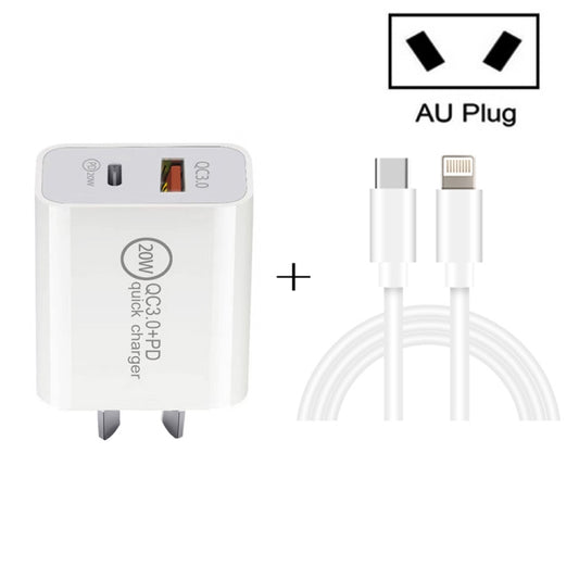 TCS-20WACA 20W PD Type-C + QC 3.0 USB Interface Fast Charging Travel Charger with USB-C / Type-C to 8 Pin Fast Charge Data Cable AU Plug - Apple Accessories by buy2fix | Online Shopping UK | buy2fix