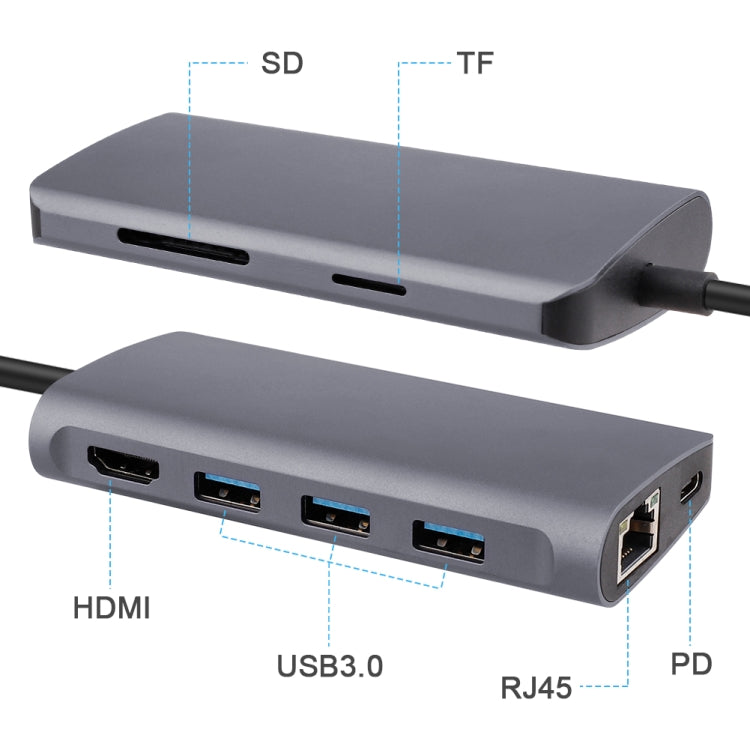 8 in 1 Type-C to HDMI + USB 3.0 x 3 + RJ45 + PD + SD/TF Card Slot HUB Adapter - Computer & Networking by buy2fix | Online Shopping UK | buy2fix